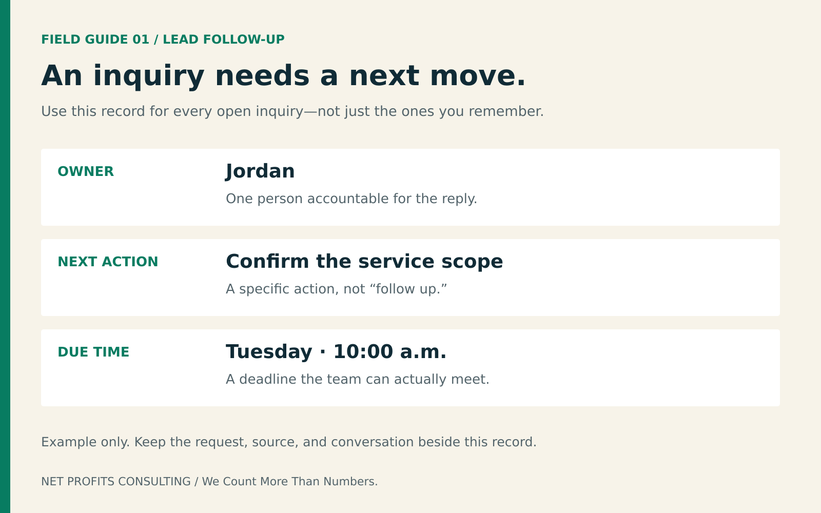 Lead follow-up record showing one owner, a specific next action, and a due time